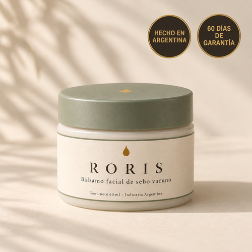 Frasco de Bálsamo facial Roris de 60 ml, cerrado, con tapa verde salvia. Hecho en Argentina, 60 días de garantía.