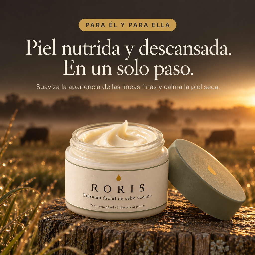 Frasco abierto de Roris en el campo al amanecer. Piel nutrida y descansada, en un solo paso. Para él y para ella.