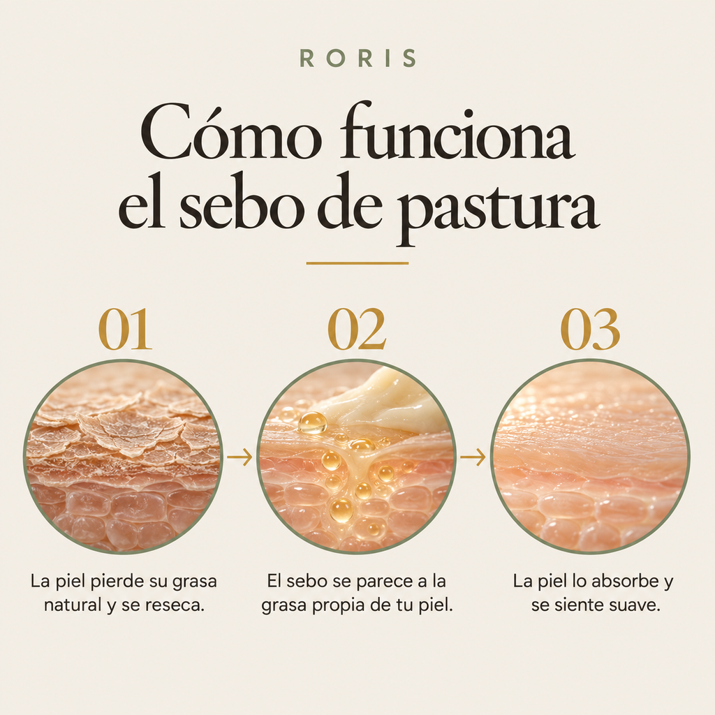Cómo funciona el sebo de pastura en la piel, en tres pasos: la piel pierde su grasa natural, el sebo se parece a esa grasa y la piel lo absorbe.