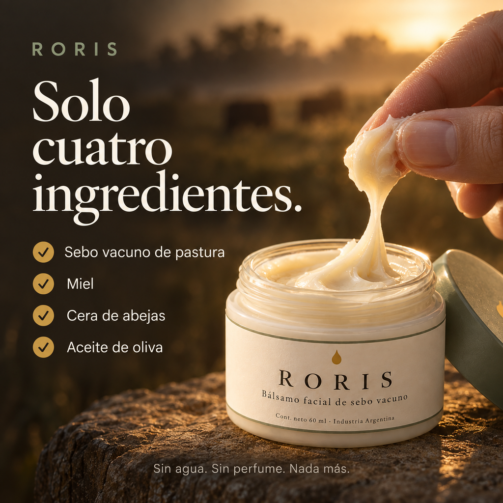 Dedo tomando bálsamo del frasco abierto, con los cuatro ingredientes: sebo vacuno de pastura, miel, cera de abejas y aceite de oliva.