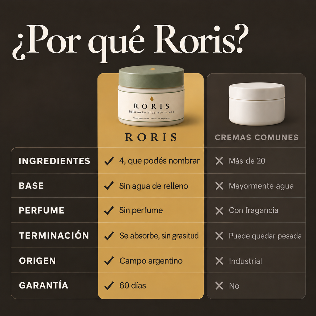 Tabla que compara Roris con cremas comunes en ingredientes, base, perfume, terminación, origen y garantía.