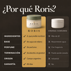 Tabla que compara Roris con cremas comunes en ingredientes, base, perfume, terminación, origen y garantía.