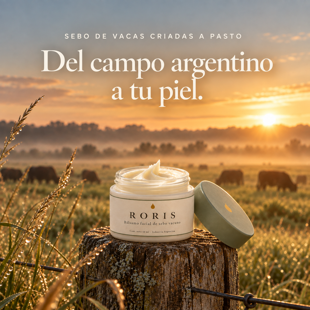 Frasco de Roris sobre un poste de madera en un campo argentino al atardecer, con vacas al fondo.